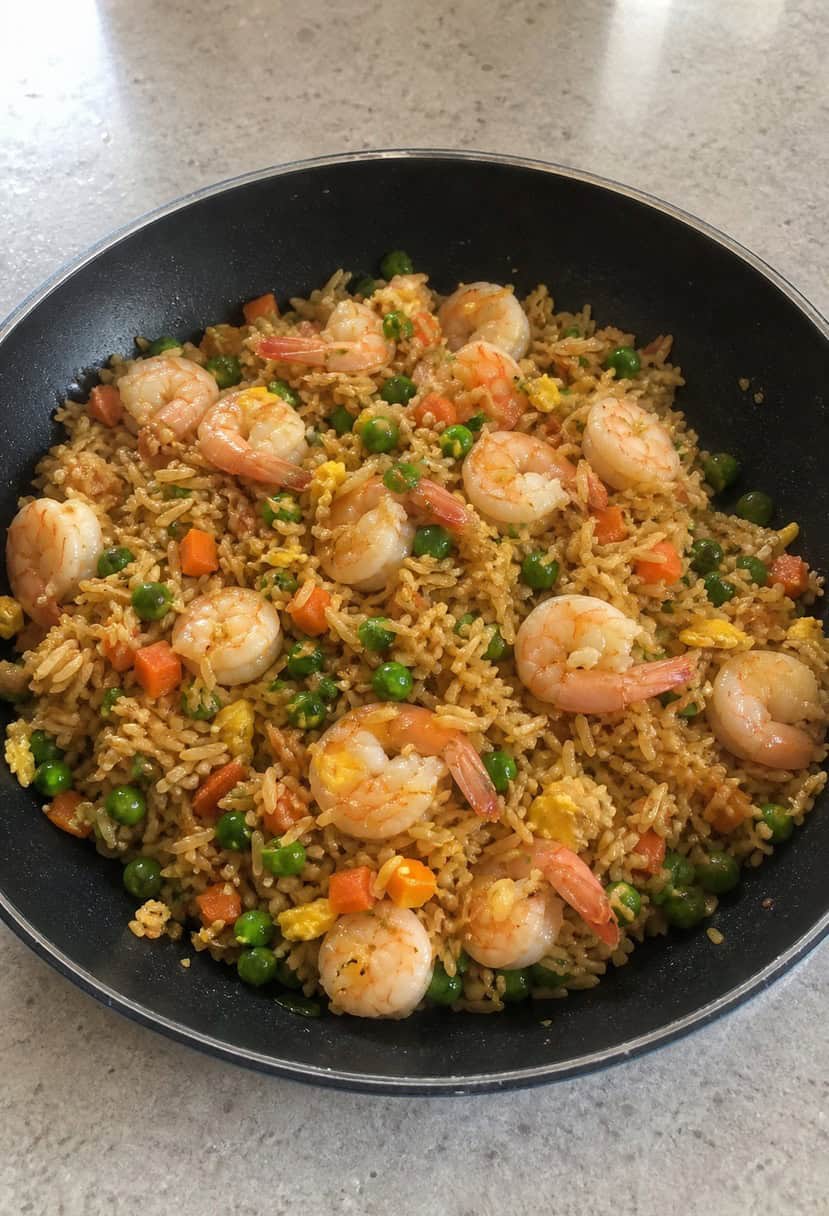 A sizzling wok filled with shrimp fried rice, surrounded by colorful ingredients like shrimp, rice, vegetables, and seasonings