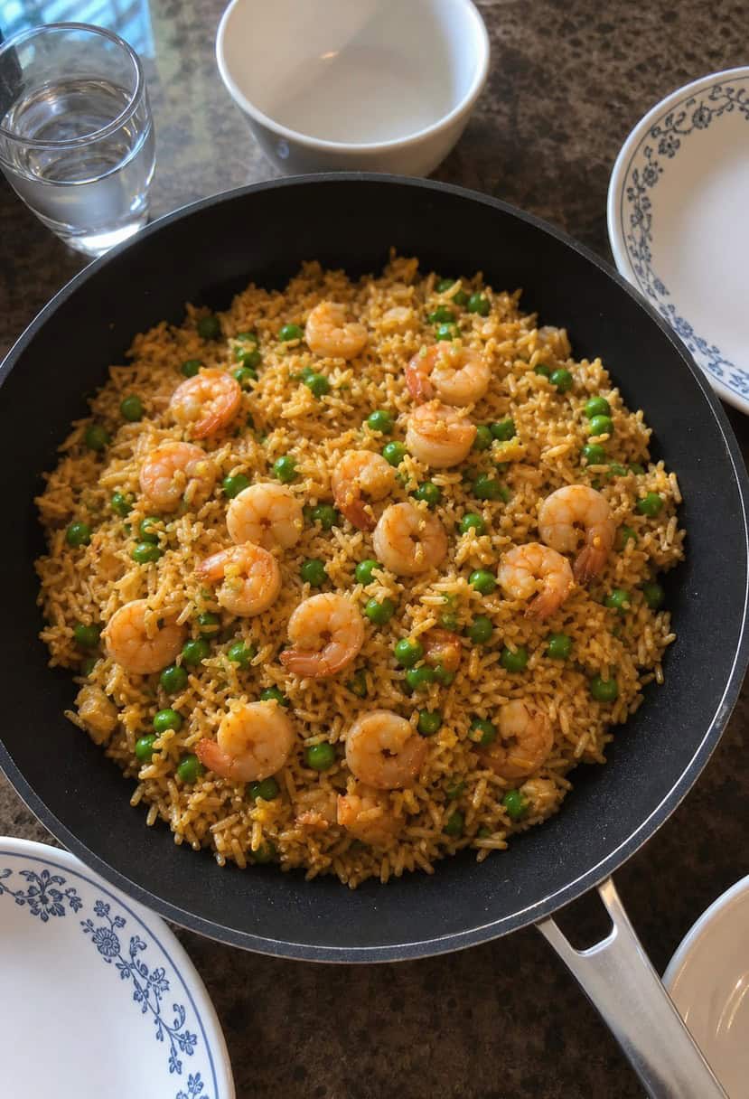 A sizzling wok filled with shrimp fried rice, surrounded by colorful ingredients and cooking utensils on a kitchen counter