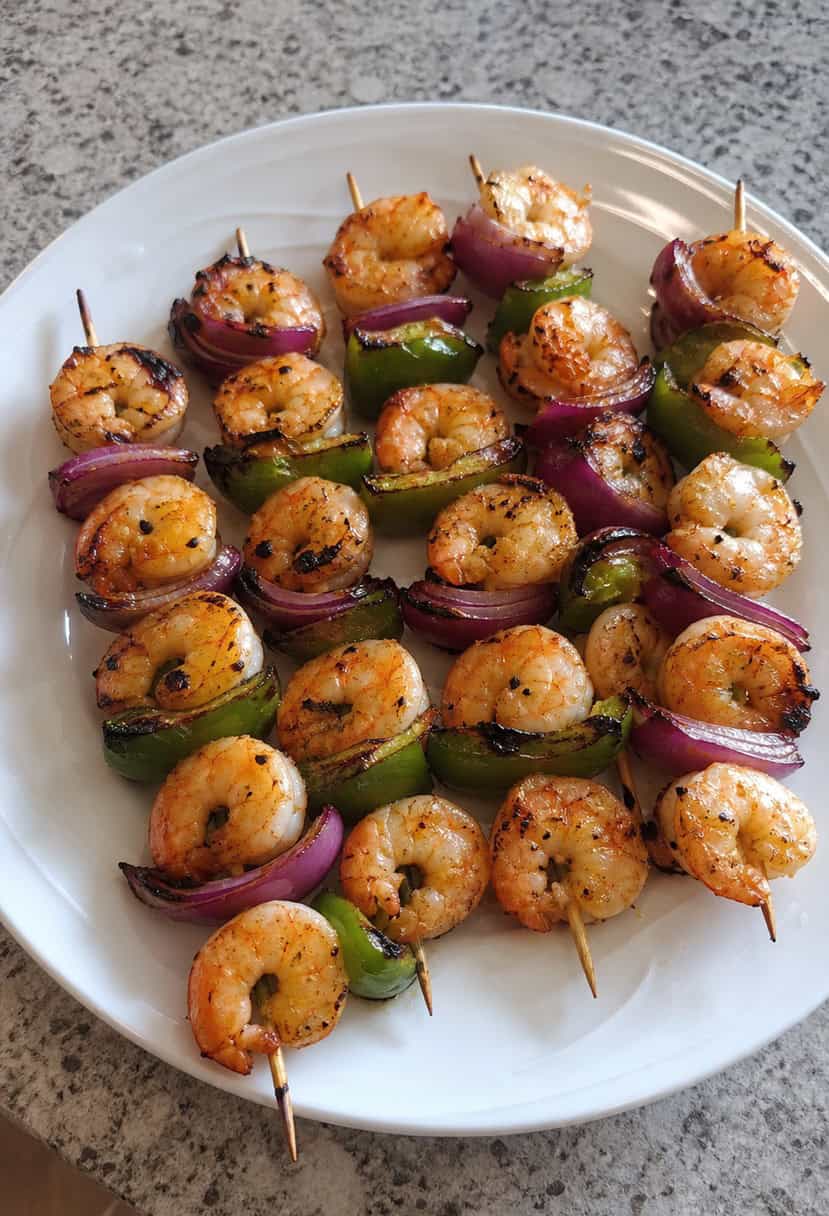 A sizzling grill with skewers of marinated shrimp, colorful vegetables, and aromatic herbs