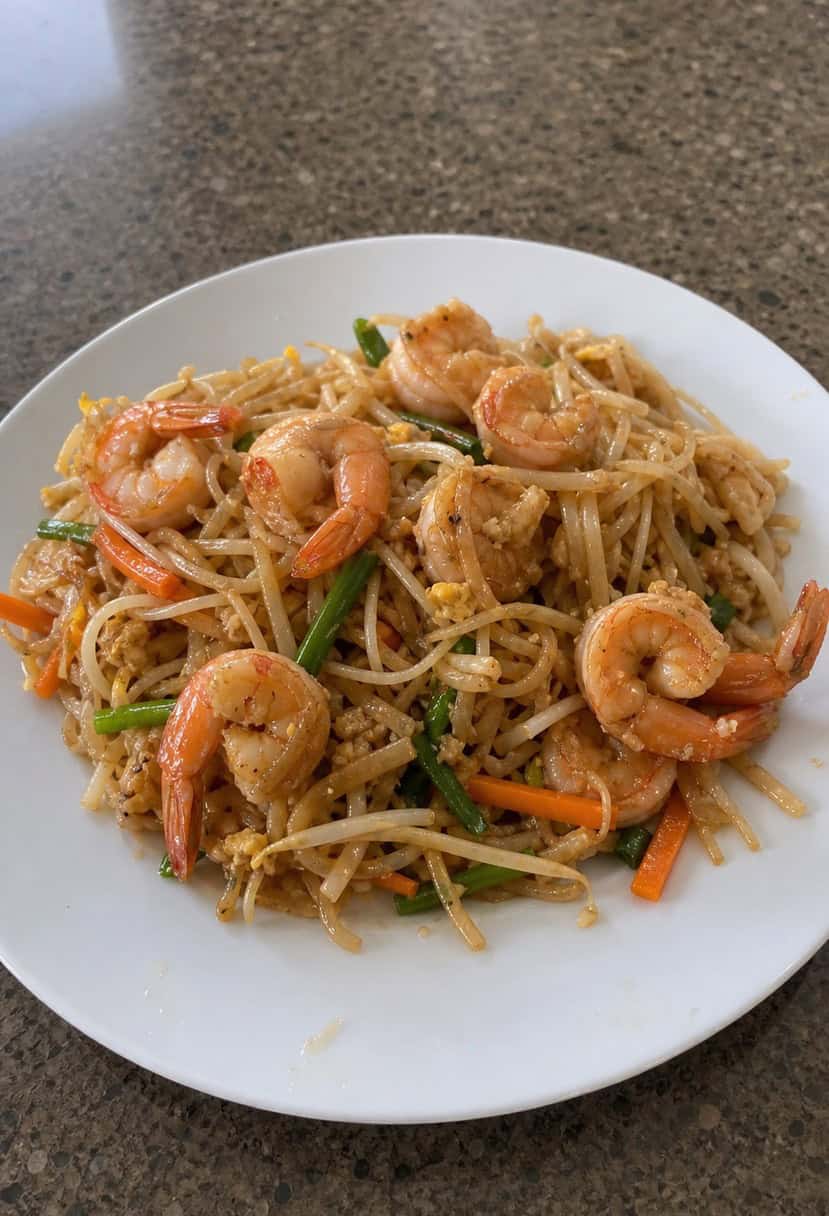 A colorful plate of Shrimp Pad Thai surrounded by fresh ingredients and chopsticks on a wooden table