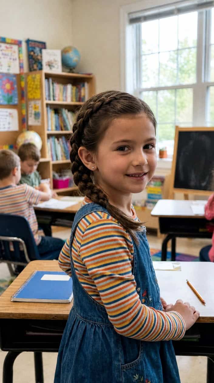 Young girl smiling indoors with her hair braided and tucked behind her ear.