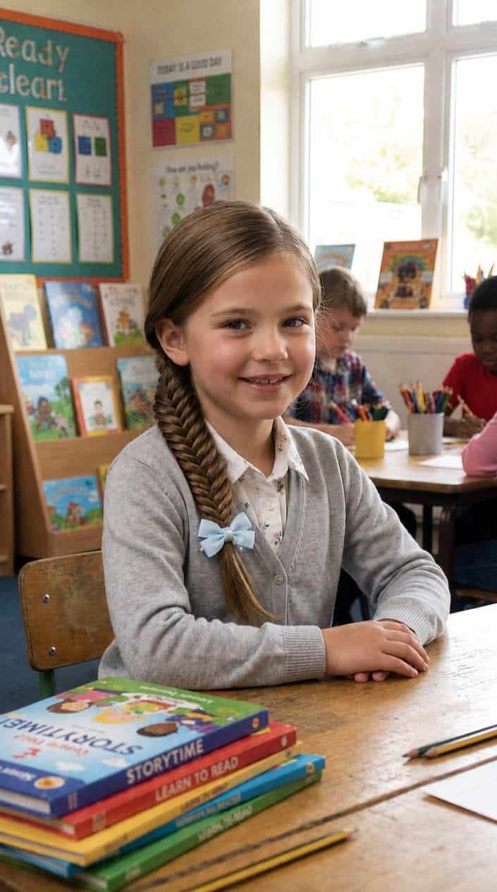 A young girl sitting indoors with a side-swept braid held by a bow clip, smiling gently.