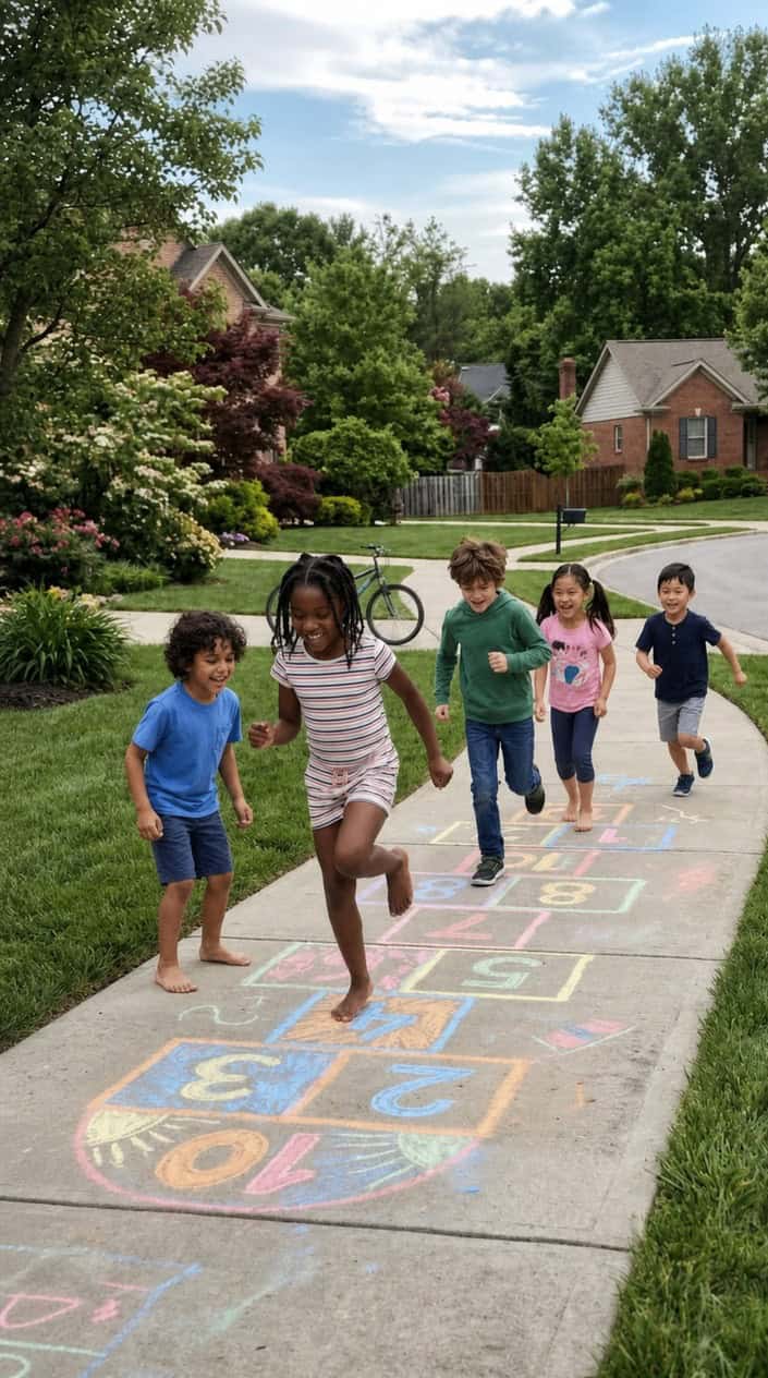 Children playing hopscotch on a sidewalk with colorful chalk drawings on a sunny day.