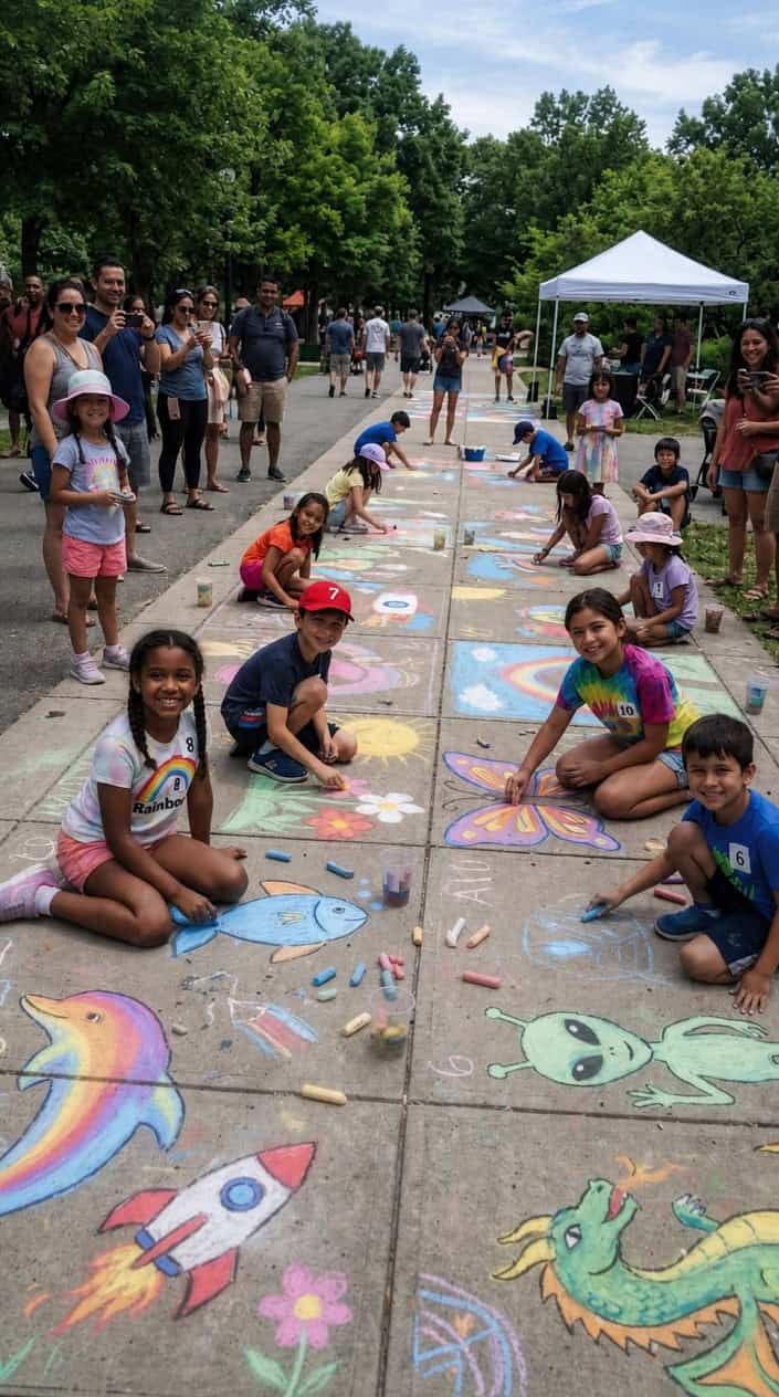 Children drawing colorful chalk murals on a sidewalk during a sunny summer day with adults watching nearby.