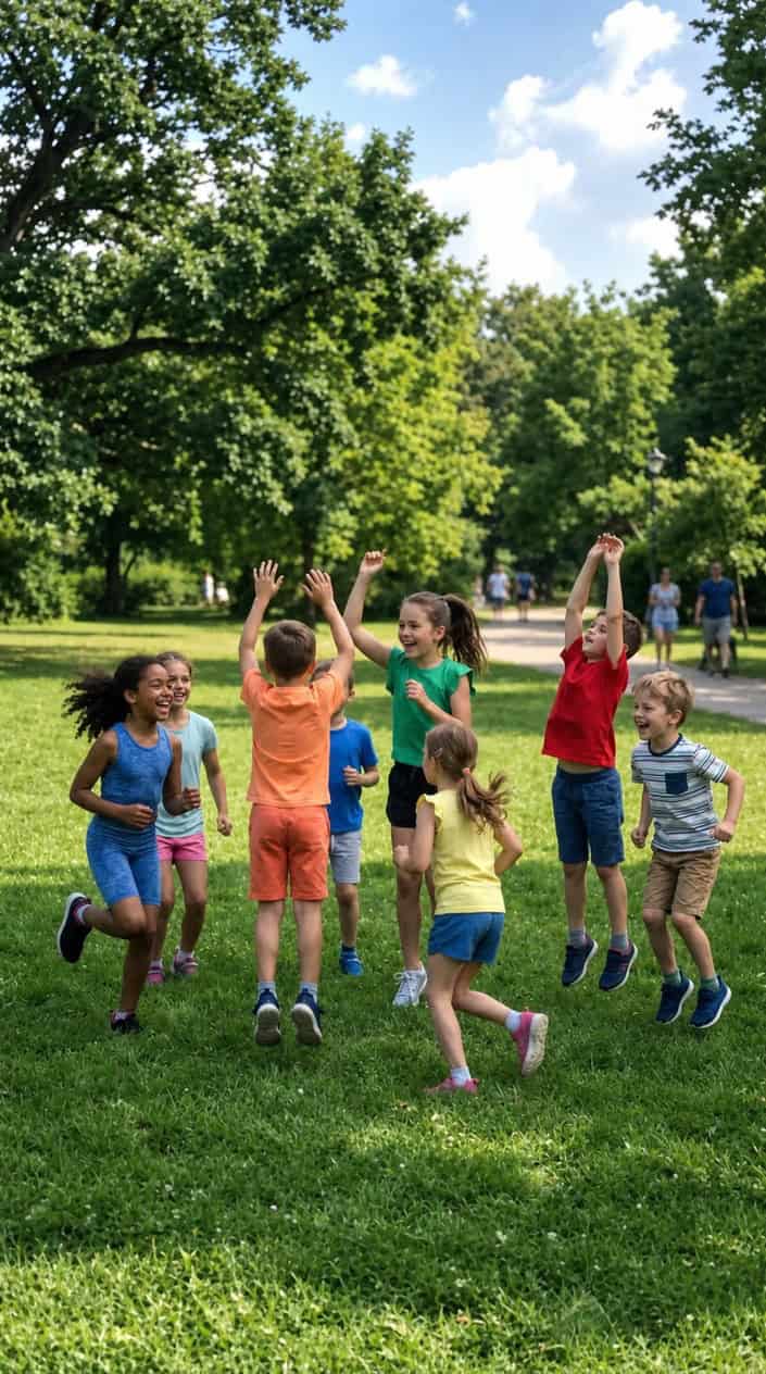 Physical Activities for Kids to Burn Off Energy 20 Children playing an active outdoor game in a park, running and jumping with joyful expressions.