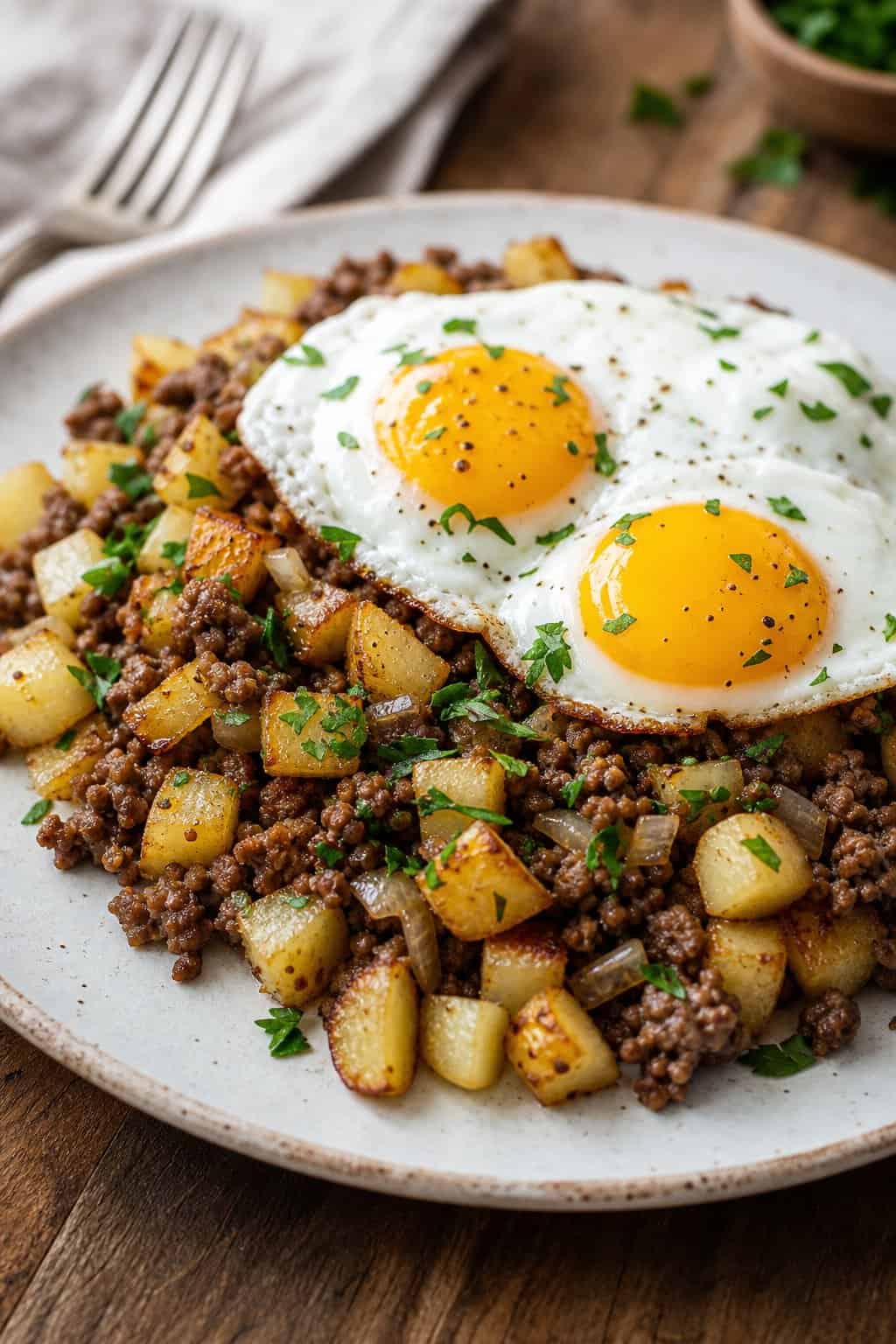 A plate of beef and potato hash topped with two fried eggs on a wooden table.
