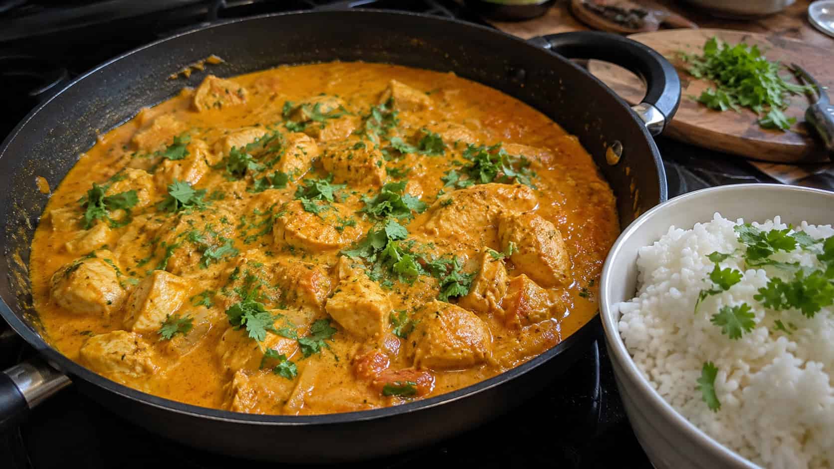 a finished chicken curry in a skillet, tender chunks of chicken in a creamy orange coconut tomato sauce, fresh cilantro on top, a bowl of white rice beside it, warm natural kitchen light, casual home cooking