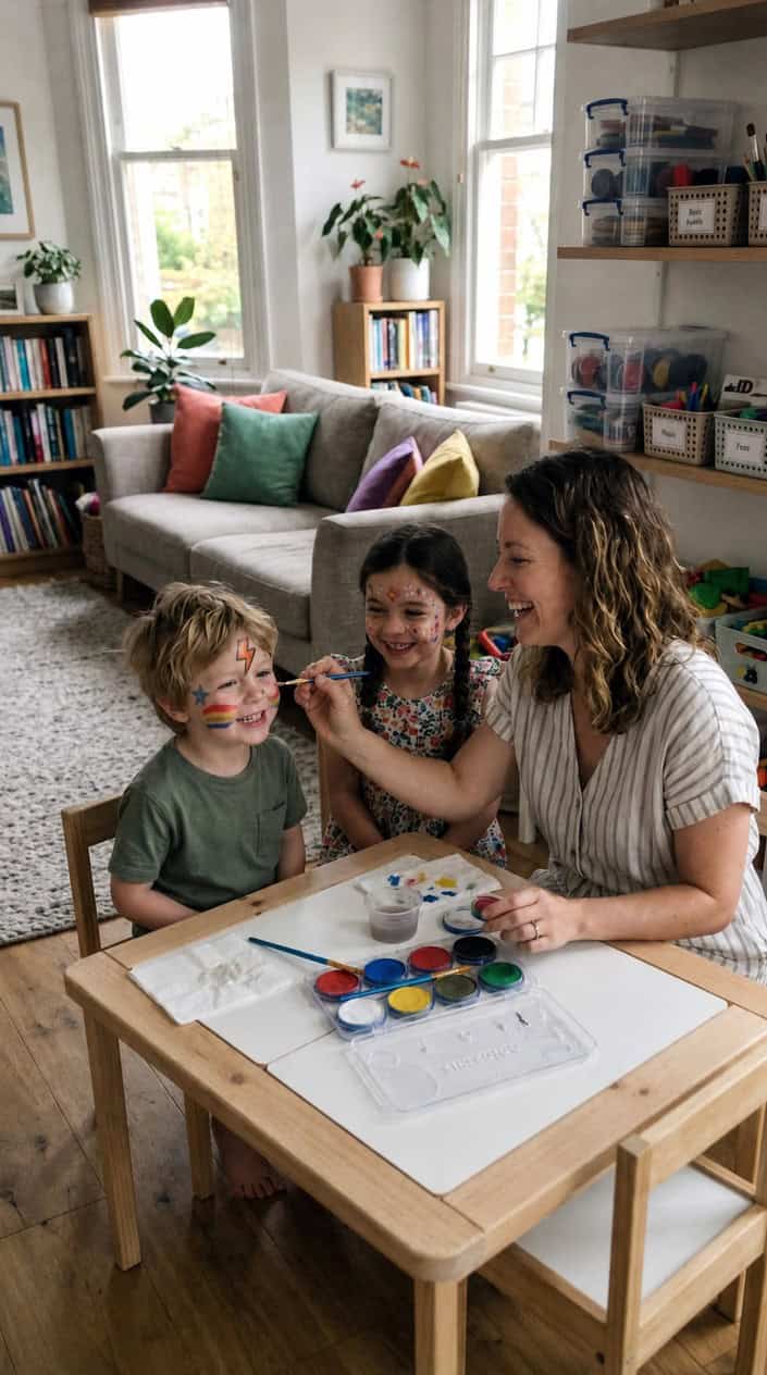 A parent and two children doing simple face painting together with minimal supplies and organized storage in a bright living room.