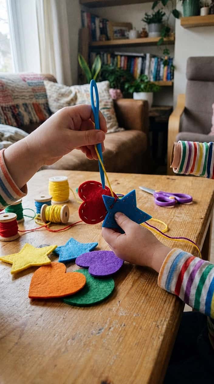 Child's hands sewing colorful felt shapes with a plastic needle on a wooden table.