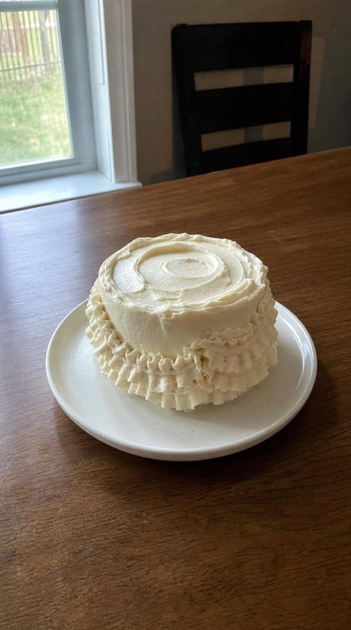 A small round birthday cake with white buttercream ruffles on a white plate on a wooden table.