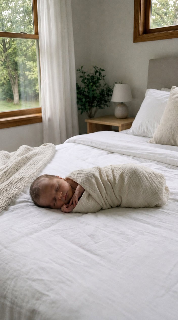 Newborn baby swaddled and lying on their side on a bed with white sheets.