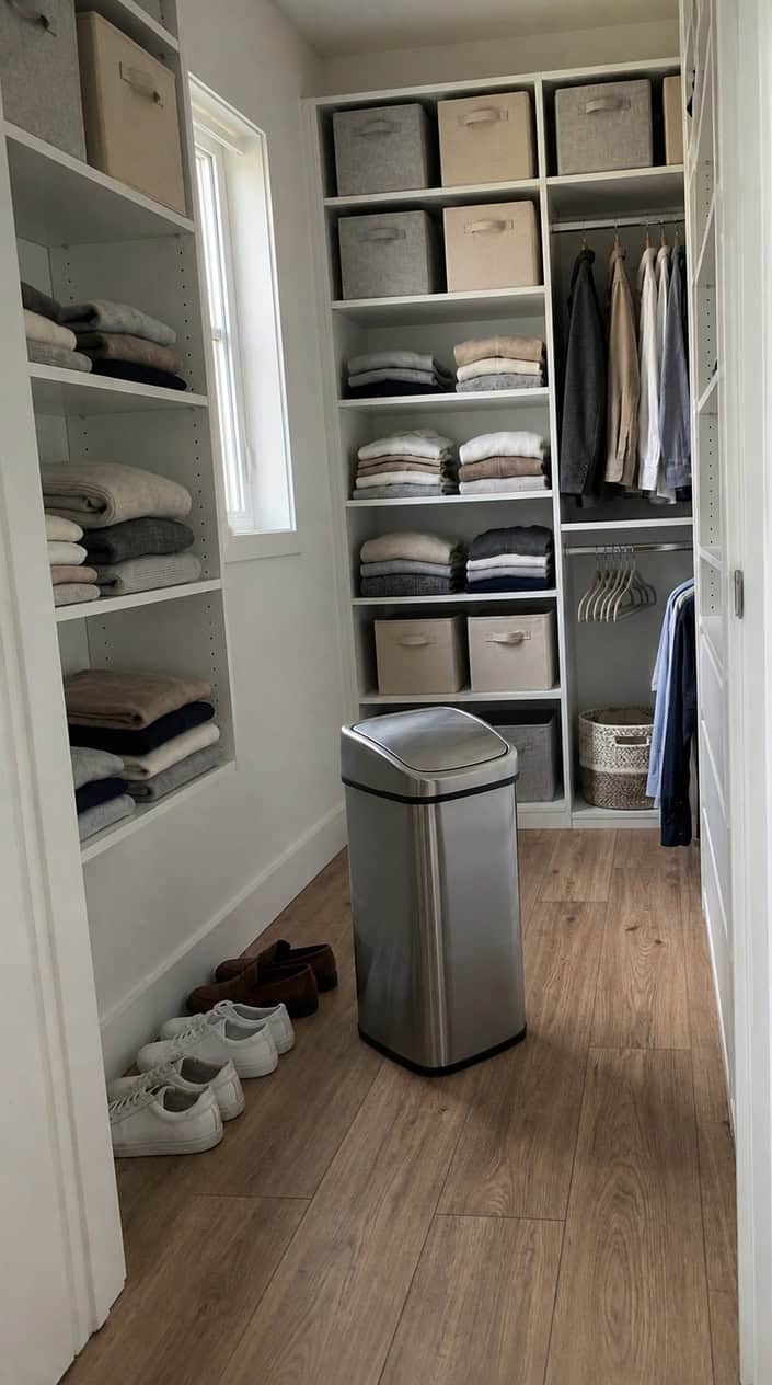 A slim swing trash can placed on the floor inside a neat and organized closet with shelves holding folded clothes and shoes.