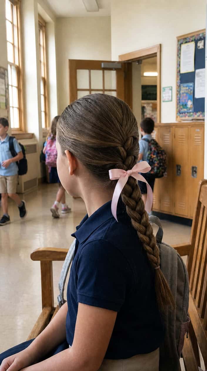 Young girl with a single low braided ponytail tied with a ribbon, shown from behind in a softly lit setting.