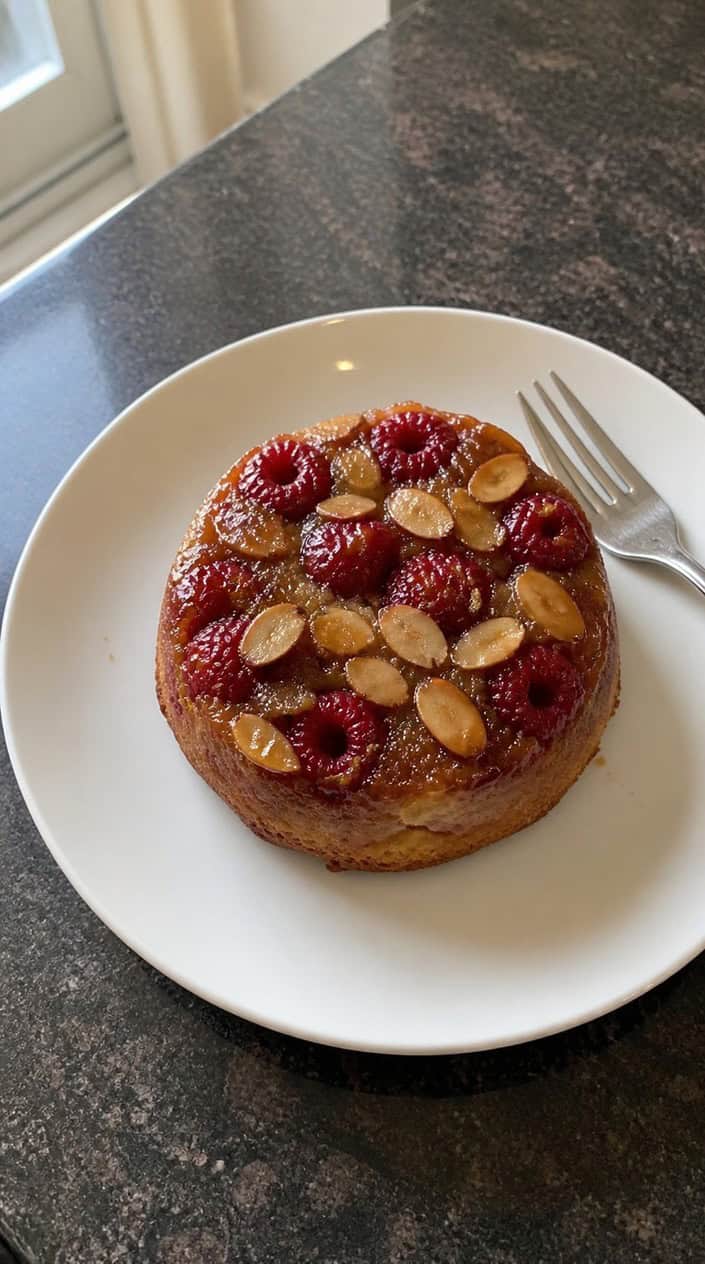 A single mini upside-down cake on a round white plate, with fresh raspberries arranged across the caramelized top and sliced almonds fanned at the edges, on a worn wood surface.