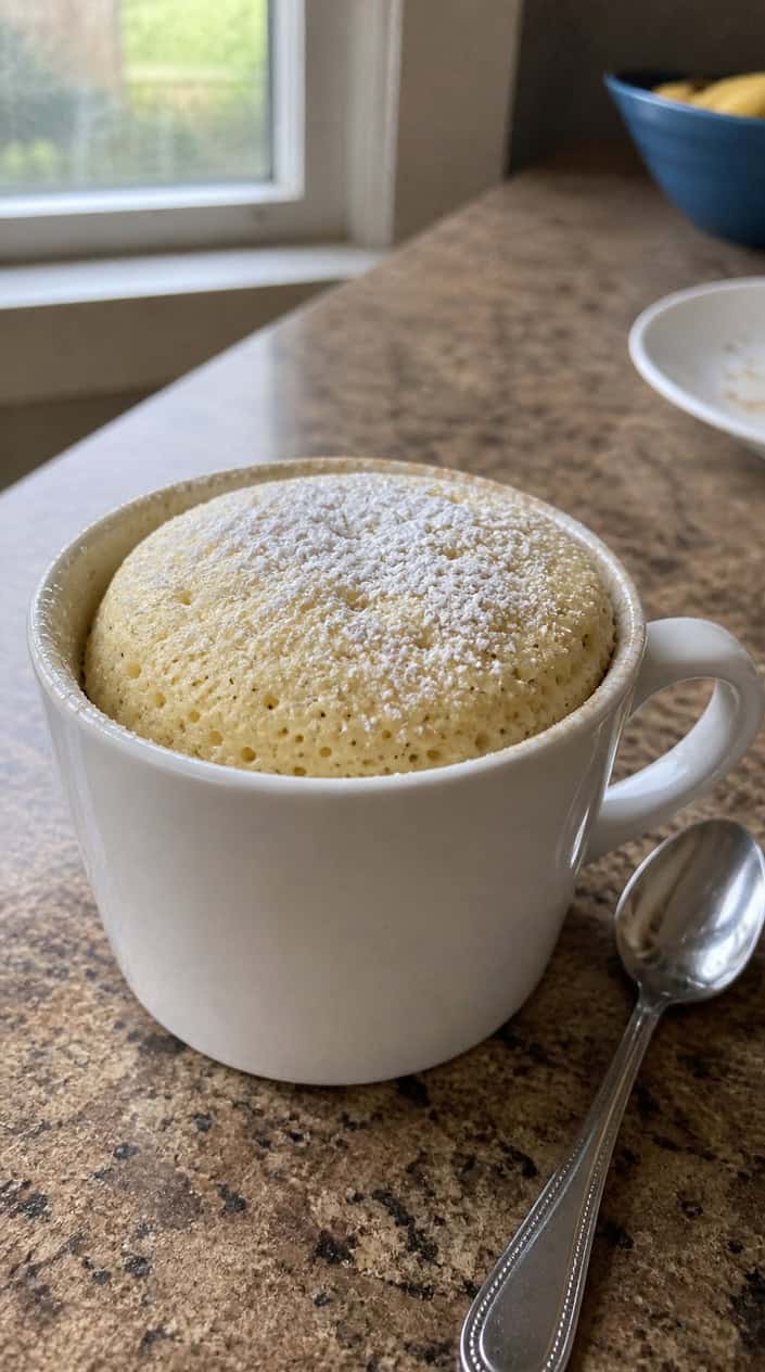 A simple white ceramic mug holding a pale golden vanilla mug cake, lightly domed at the top, on a wooden table with a small jar of vanilla beans and a scattering of flour visible in the soft background.