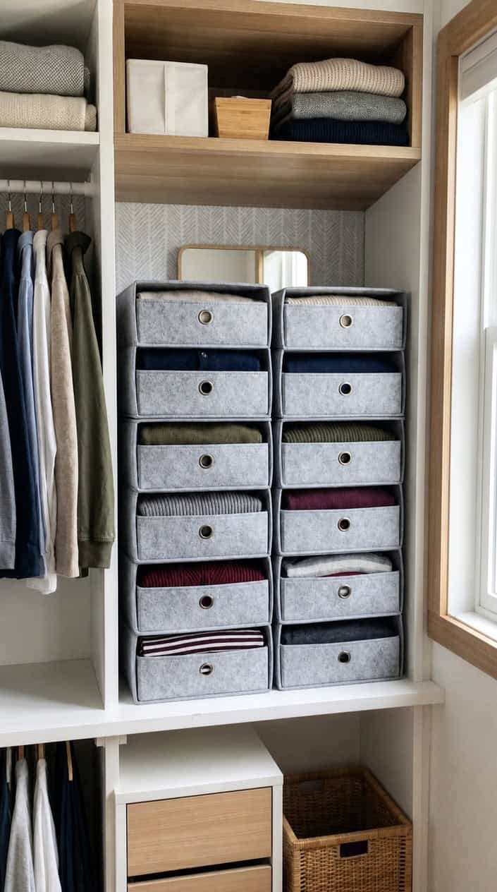 Six-drawer felt organizers filled with folded sweaters arranged neatly inside a bright closet.