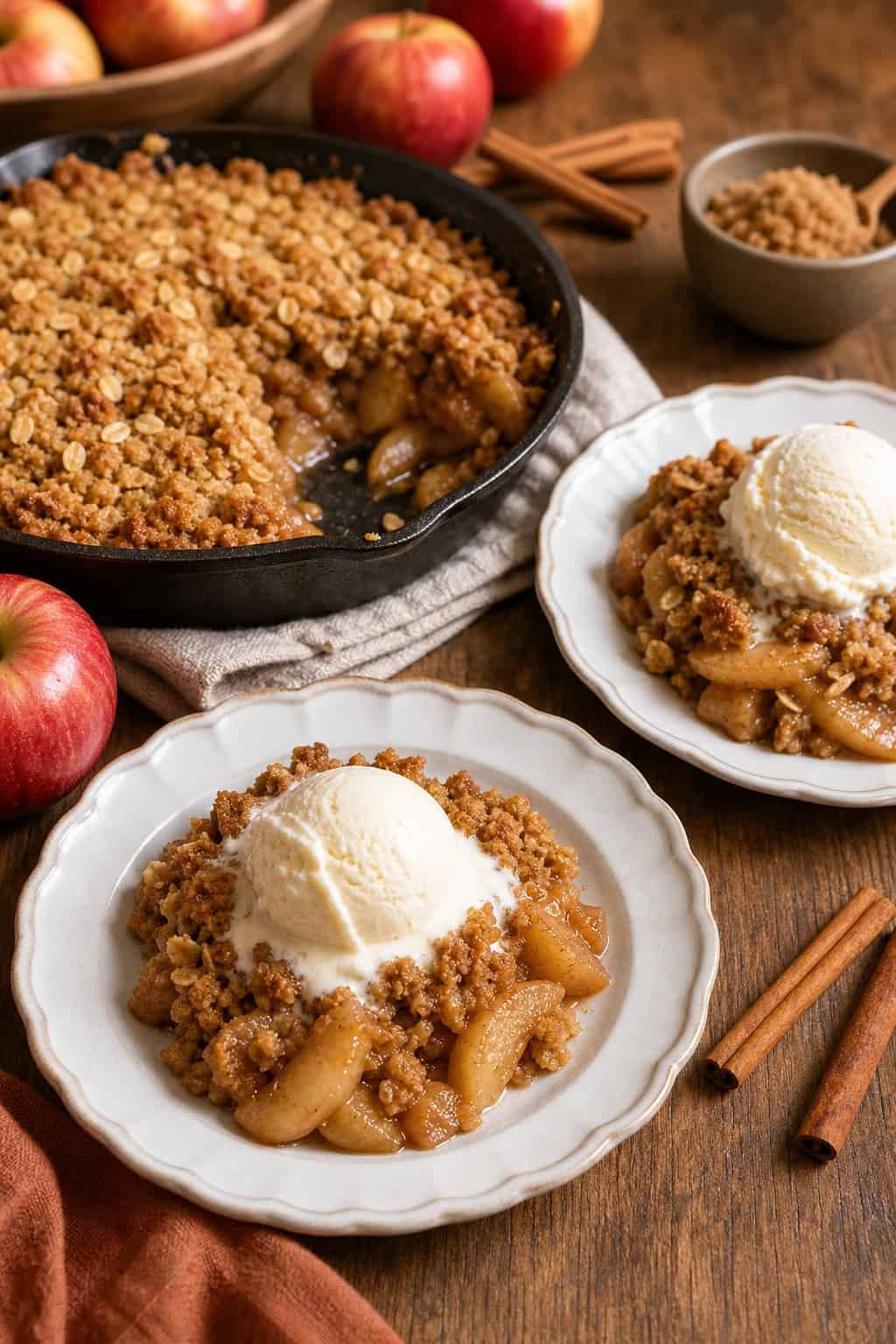 A skillet filled with apple crisp and two plated servings topped with vanilla ice cream on a wooden table with apples and cinnamon sticks nearby.
