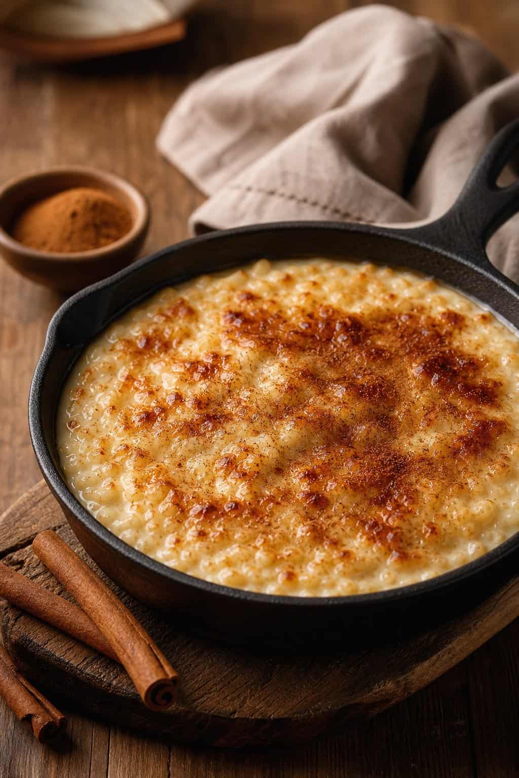 Skillet filled with golden-browned arroz con leche rice pudding garnished with cinnamon sticks on a wooden table.