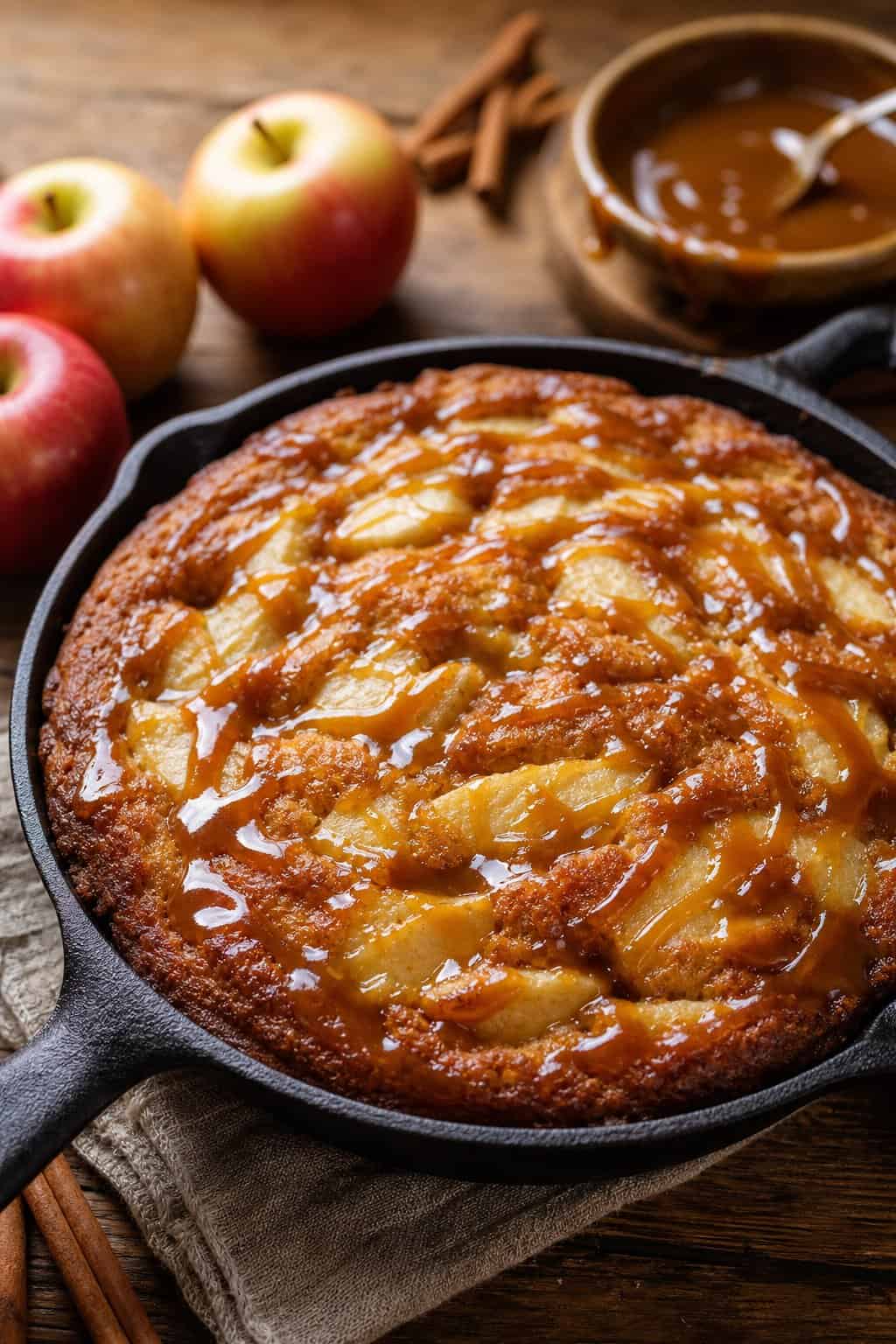 30 Apple Dessert Recipes That Look Fancy With Zero Effort 19 A caramel apple skillet cake in a cast iron skillet on a wooden table with apples and cinnamon sticks nearby.