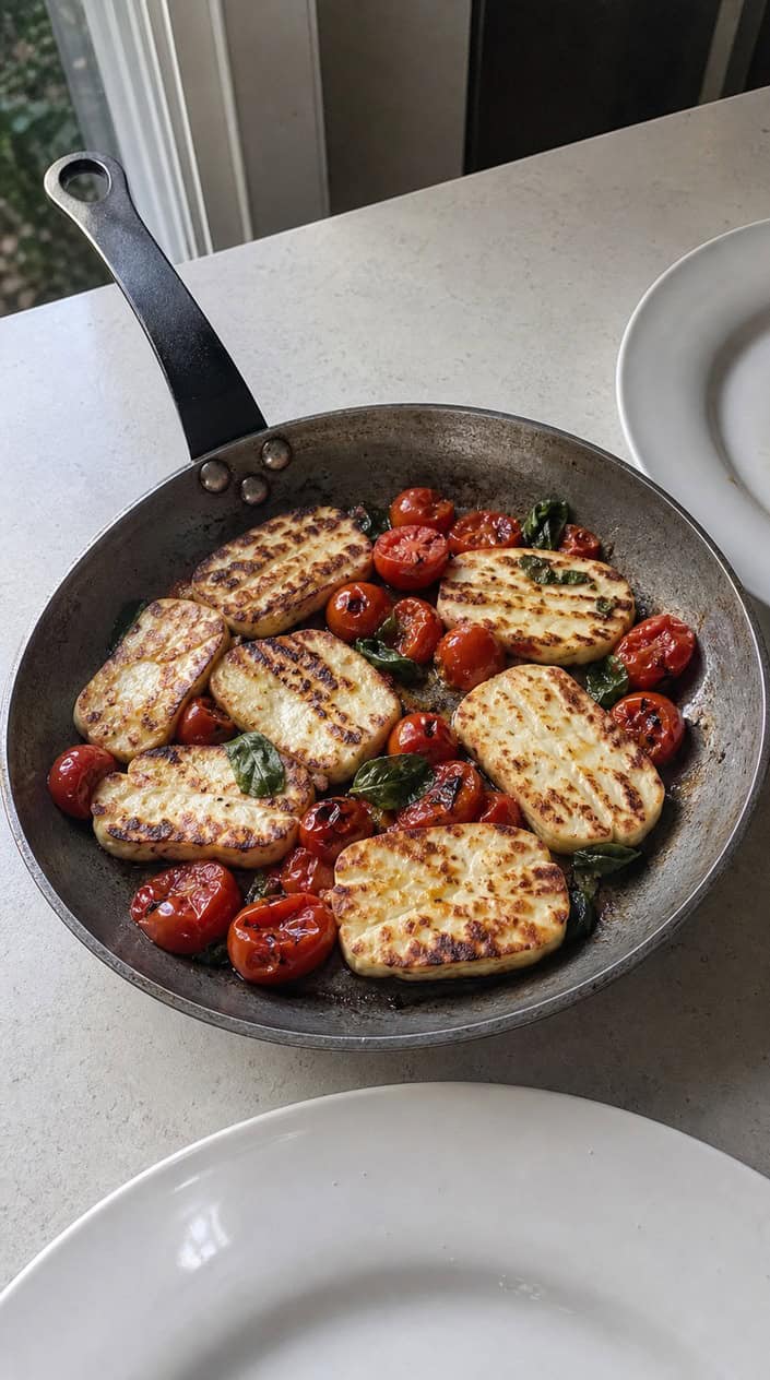 A skillet with grilled halloumi cheese, cherry tomatoes, and fresh basil on a wooden table.