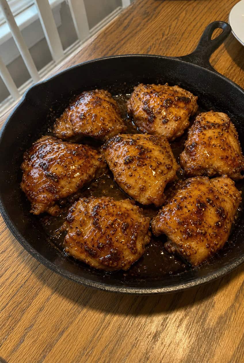 Golden brown chicken breasts in a cast iron skillet with a glossy honey mustard pan sauce, garnished with fresh thyme sprigs.