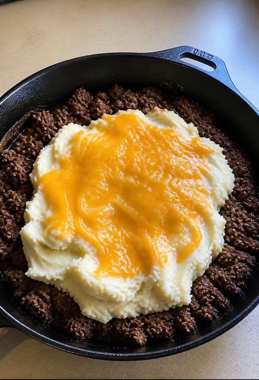 A skillet filled with bubbling ground beef, topped with a layer of creamy mashed potatoes, and sprinkled with melted cheese