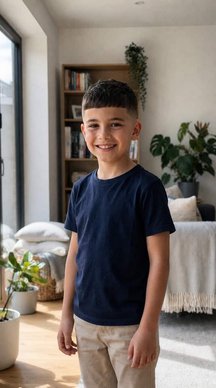 A young boy with a fresh haircut smiling indoors.