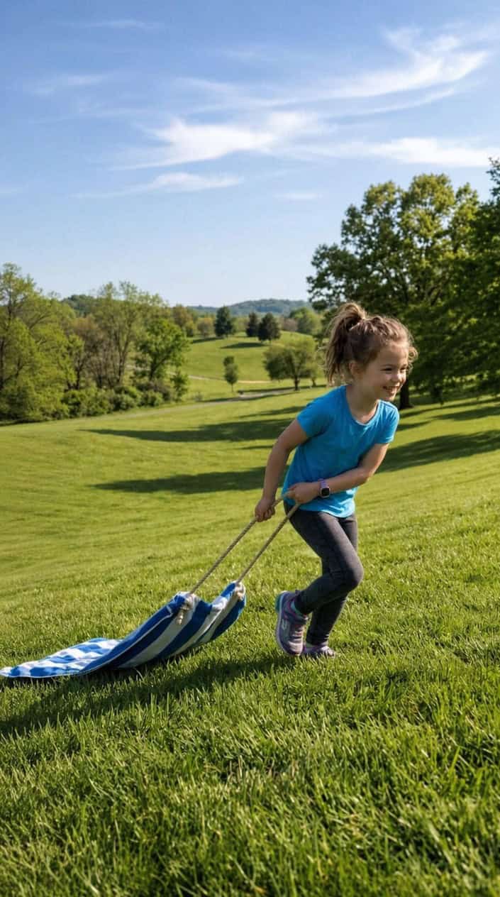 A child pulling a towel sled up a grassy hill on a sunny day.