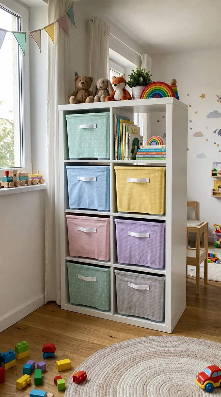 A children's room with a white shelving unit holding transparent storage boxes covered with colorful fabric, used as drawers, surrounded by toys and books.