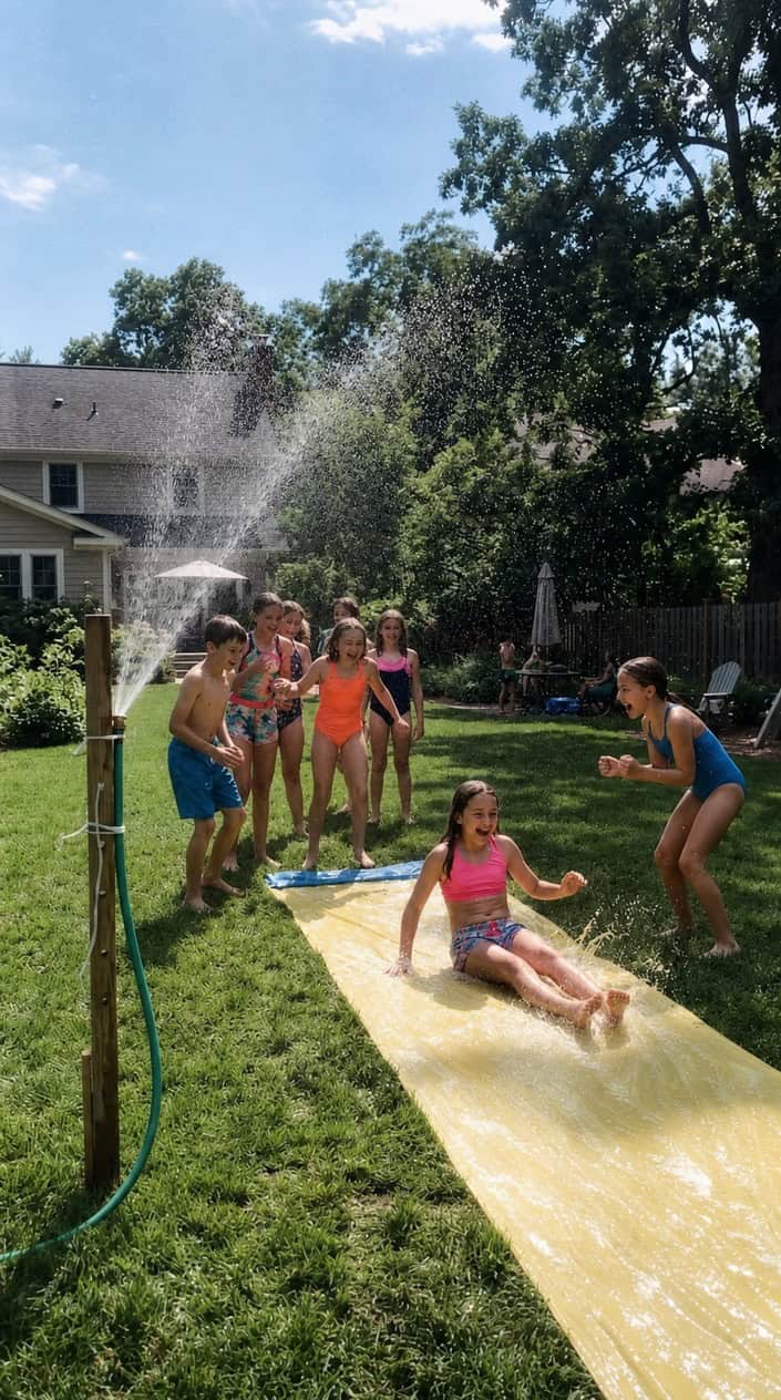 Kids in swimsuits sliding across a wet blue tarp in a sunlit backyard, arms stretched out and mouths open, water spraying in arcs above them from a homemade hose sprinkler.