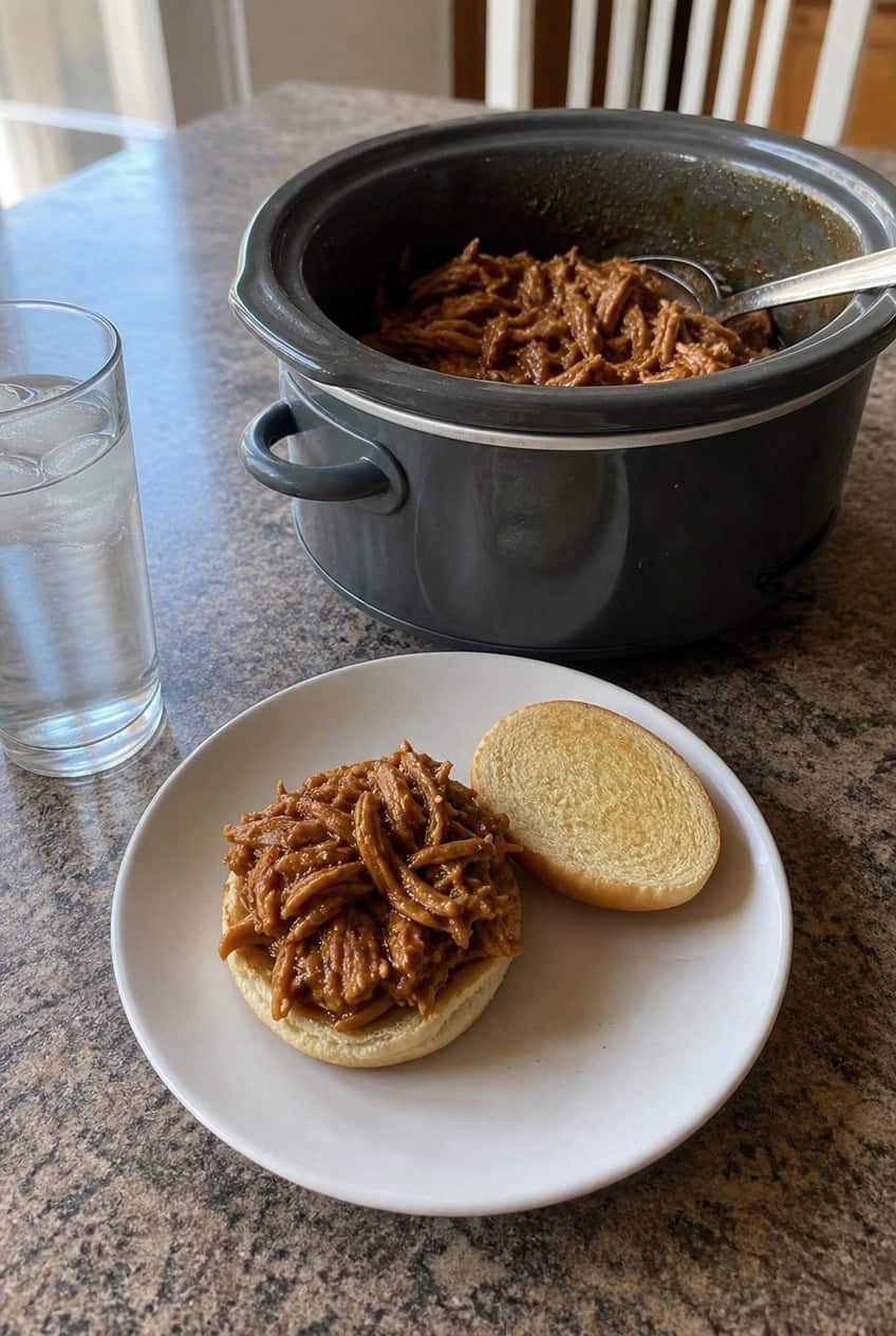 A slow cooker filled with saucy BBQ pulled chicken, with a brioche bun and fresh garnishes on a wooden cutting board nearby.