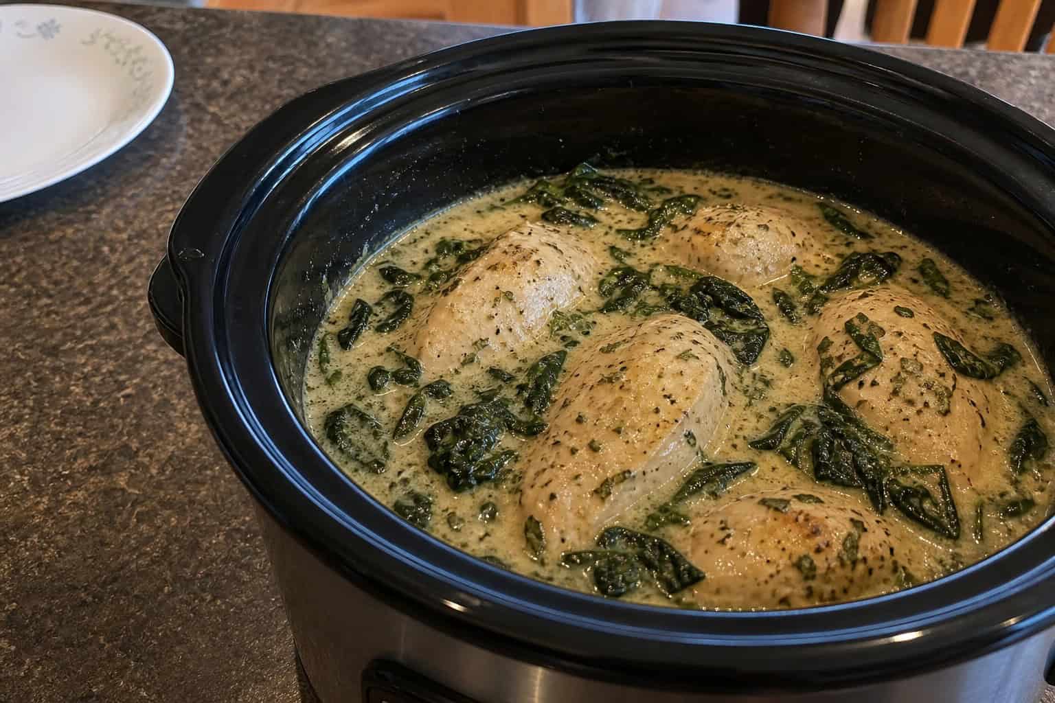 Slow cooker filled with creamy chicken and spinach dish on a wooden kitchen table with fresh ingredients around it.