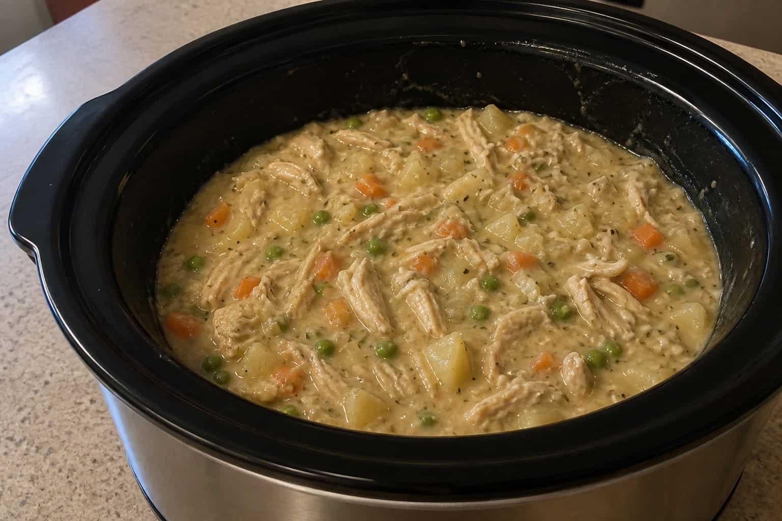 Slow cooker filled with creamy chicken pot pie filling surrounded by fresh vegetables on a kitchen countertop.