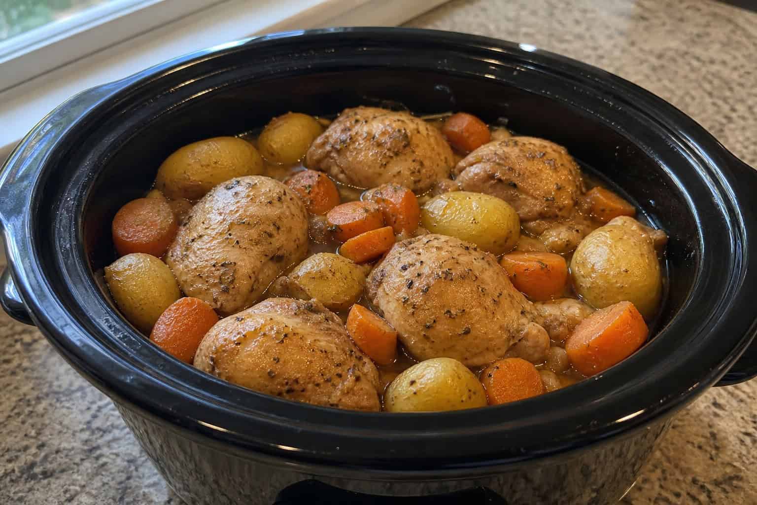 Slow cooker filled with cooked chicken, potatoes, and carrots on a kitchen countertop.