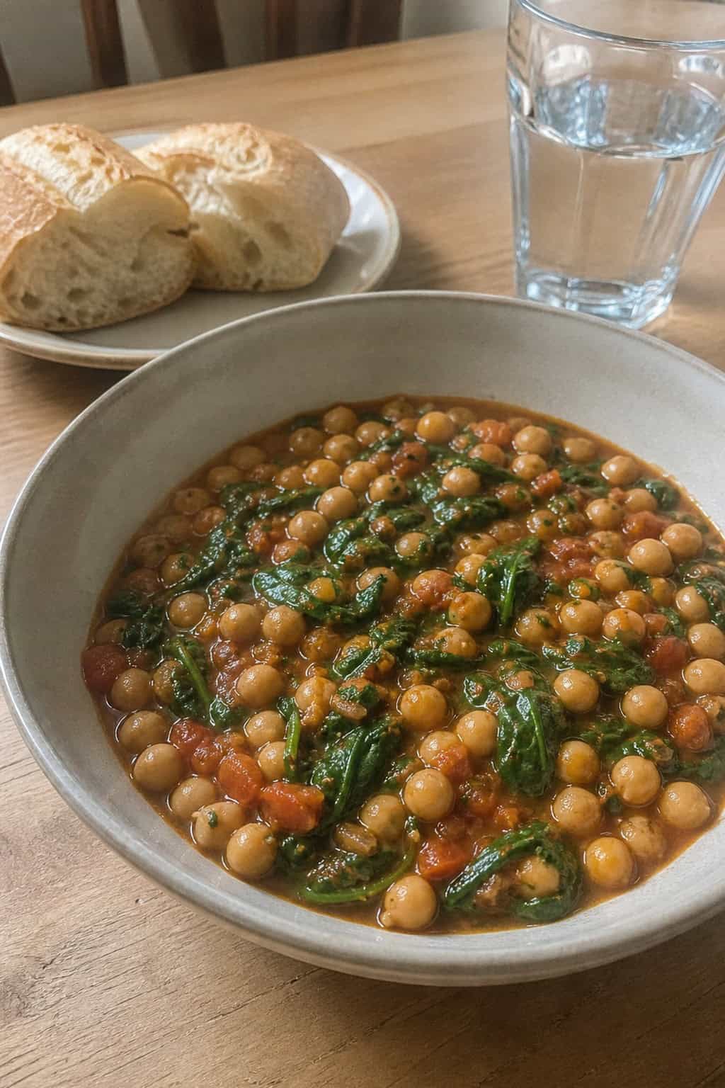 Slow-cooker filled with chickpea and spinach stew on a wooden countertop surrounded by fresh ingredients.