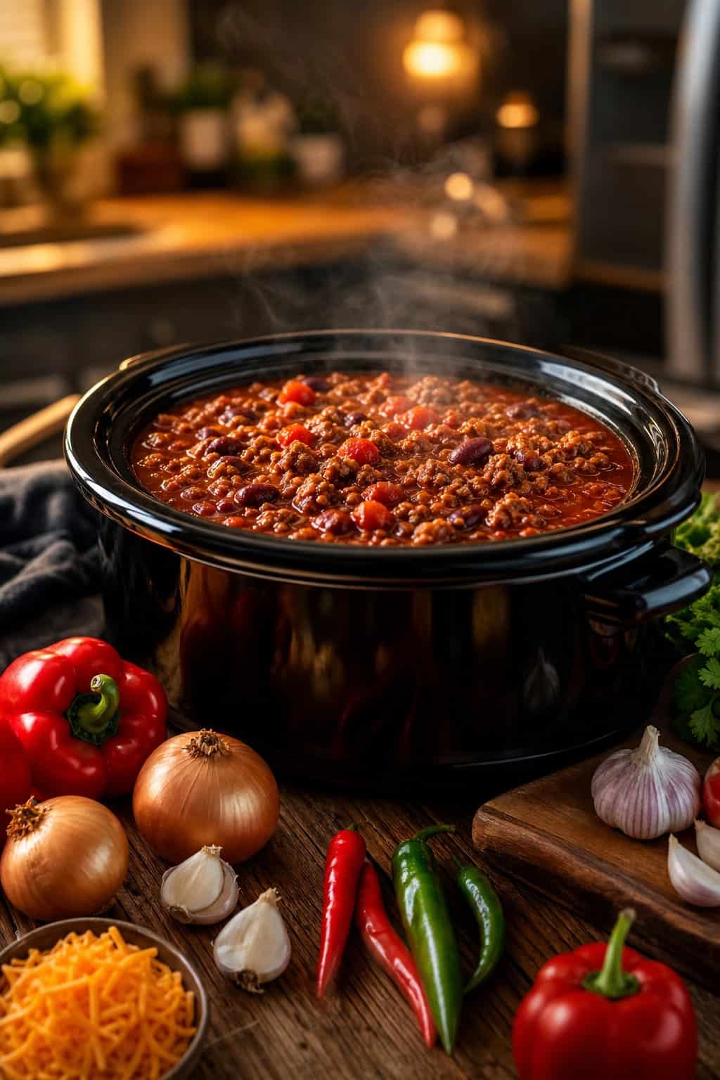 A slow cooker filled with chili con carne on a kitchen countertop surrounded by fresh ingredients.