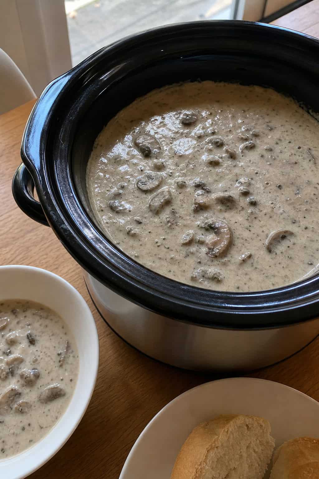 A slow cooker filled with creamy mushroom soup on a wooden table surrounded by fresh mushrooms and herbs.