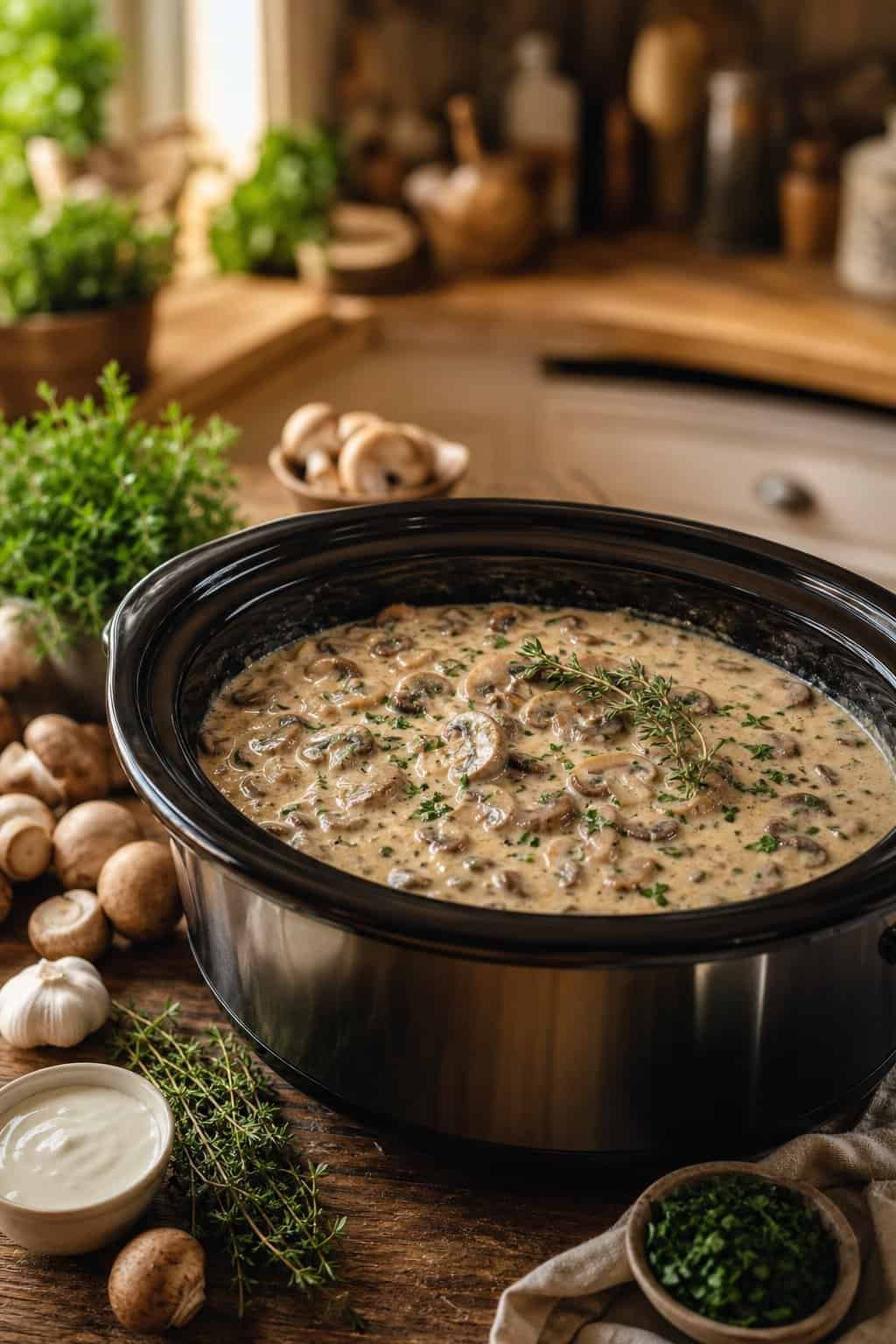 A slow-cooker filled with creamy mushroom stew on a wooden table surrounded by fresh mushrooms and herbs in a cozy kitchen setting.