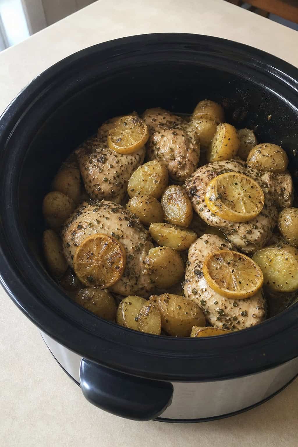 A slow cooker filled with lemon chicken and roasted potatoes garnished with herbs on a wooden kitchen countertop.