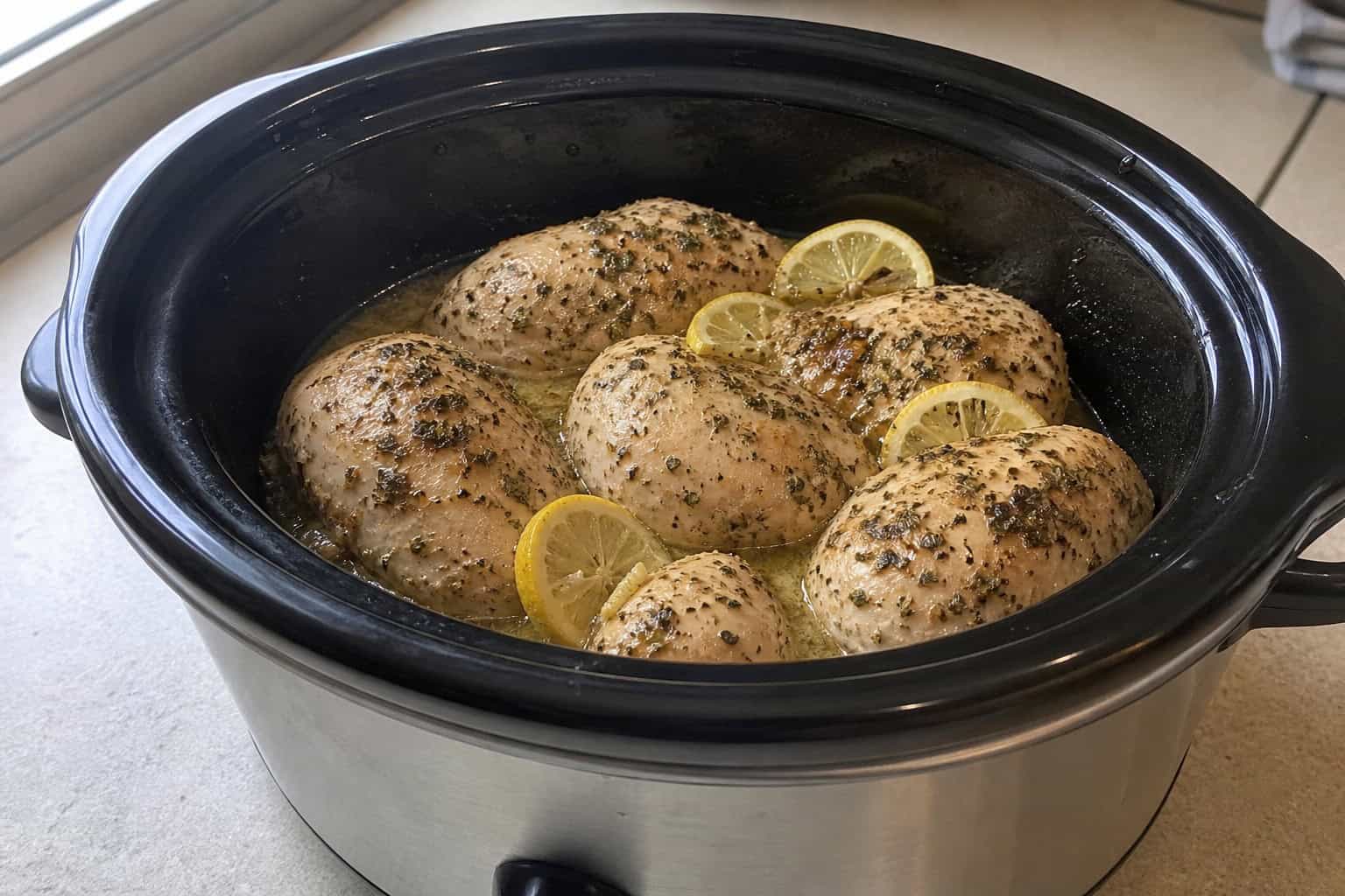 Slow cooker filled with cooked lemon-oregano chicken garnished with lemon slices and herbs on a wooden table with fresh ingredients around it.