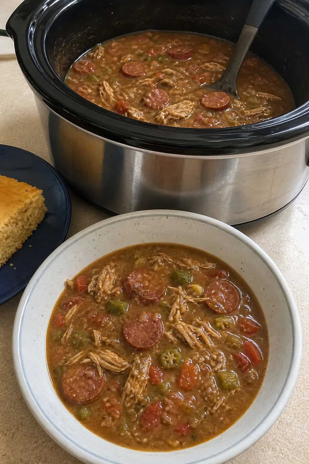 A slow cooker filled with gumbo containing andouille sausage and vegetables on a kitchen counter surrounded by fresh ingredients.