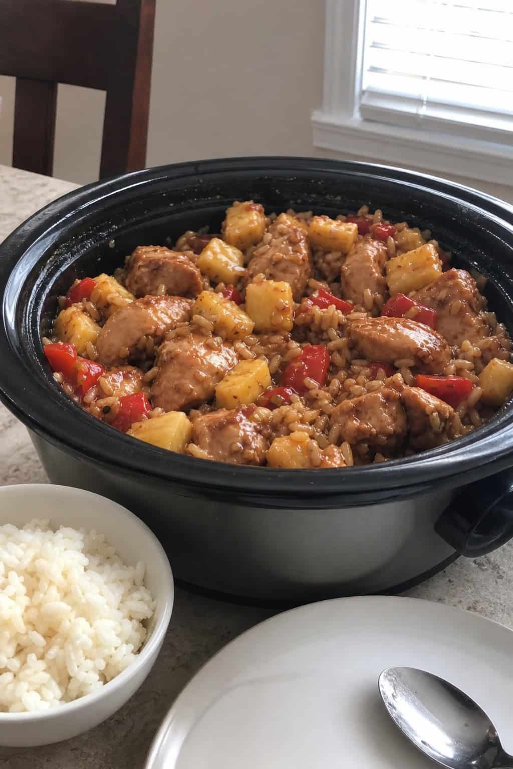 Slow-cooker filled with Hawaiian chicken and rice surrounded by fresh ingredients on a wooden kitchen table.