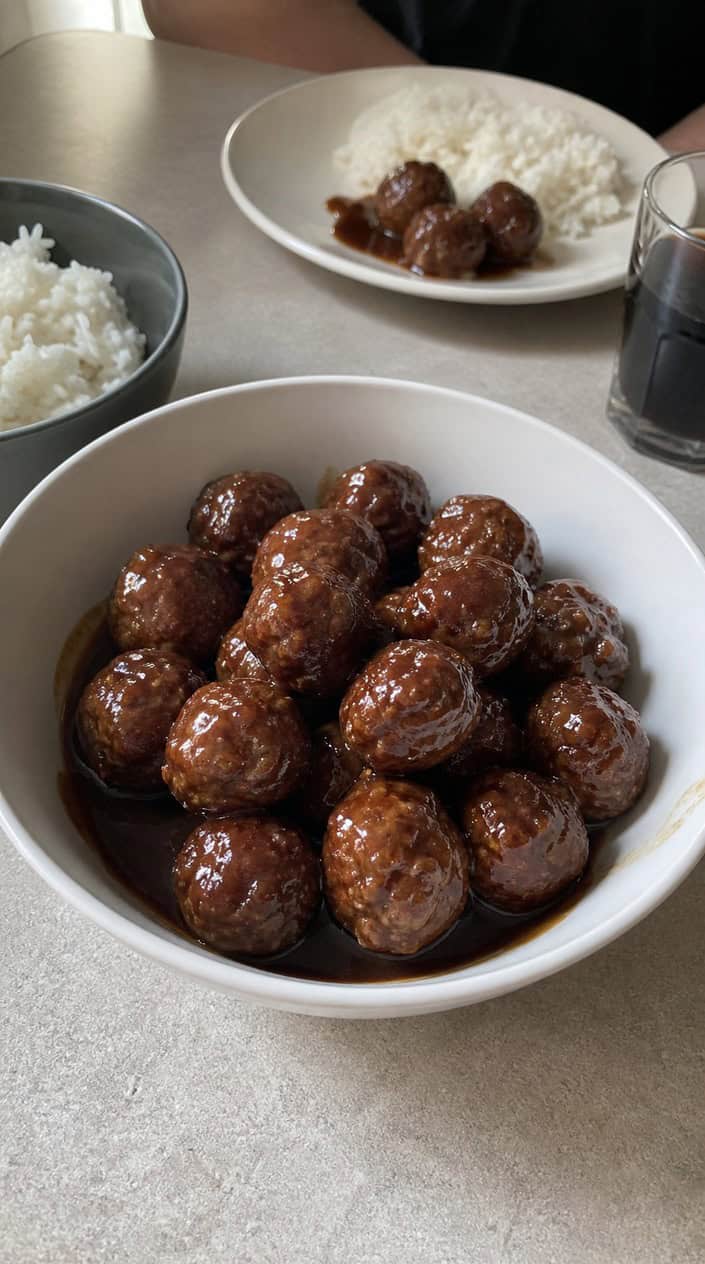 A bowl of glazed honey garlic meatballs garnished with parsley on a wooden table with fresh ingredients nearby.