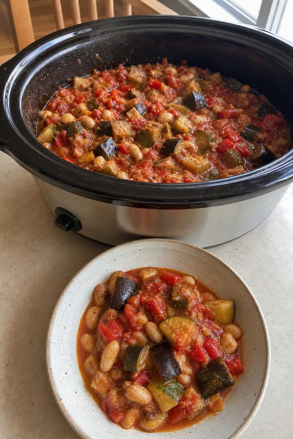 A slow-cooker filled with colorful ratatouille and white beans on a wooden kitchen countertop surrounded by fresh vegetables and herbs.