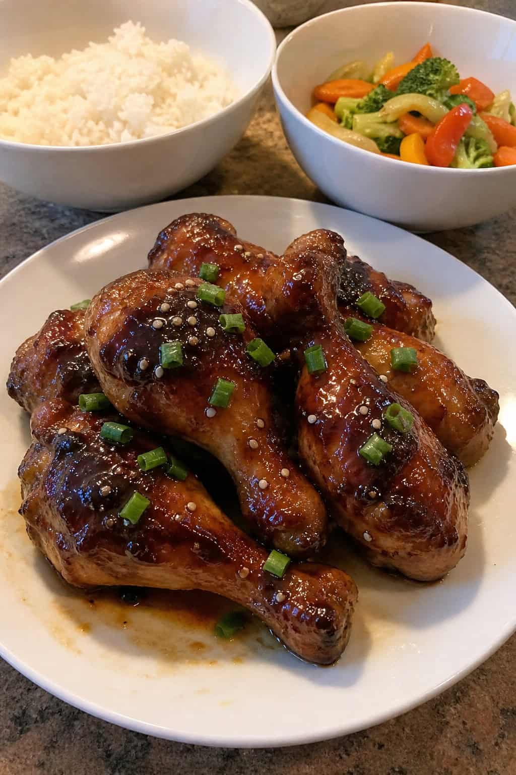 Close-up of glossy teriyaki-glazed chicken drumsticks on a white plate with sliced green onions and sesame seeds scattered on top.