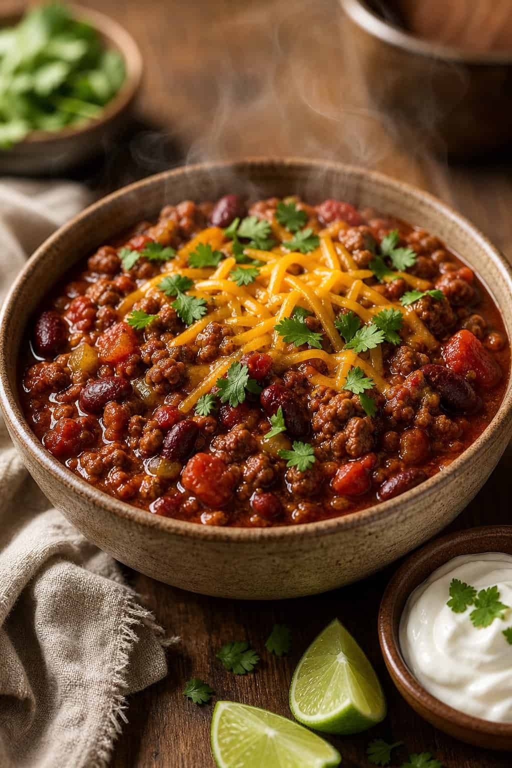 A bowl of slow-simmered beef chili with beans, cheese, and cilantro on a wooden table with sour cream and lime wedges nearby.