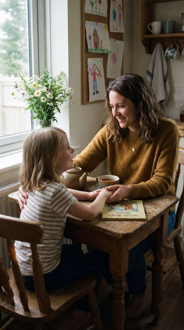 A mother and daughter sitting close at a small round table indoors, two mugs between them, both leaning in slightly toward each other.