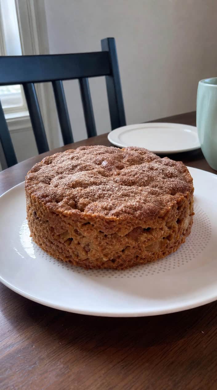 A small apple cinnamon cake with a cinnamon-sugar crust on a wooden table, surrounded by baby boy-themed decorations.
