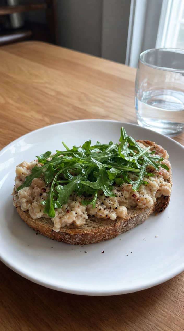 A thick slice of toasted whole-grain bread spread with chunky smashed white beans and topped with a pile of wilted arugula, plated on a wooden board with a bright lemon wedge pressed against the edge.