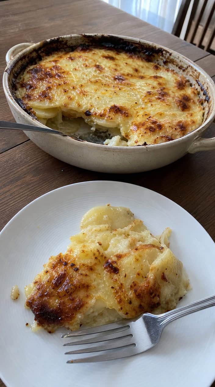 A baked smoked gouda potato gratin in a ceramic dish on a wooden table with American flags and summer backyard decorations.